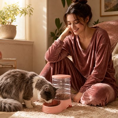 maitresse avec chat mangeant dans distributeur croquettes chat couleur rose