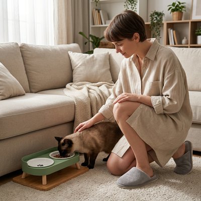 maitresse avec chat mangeant dans gamelle chat surelevee verte design scandinave dans salon