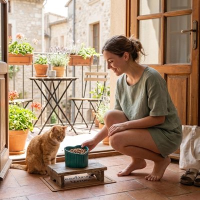 maitresse avec chat mangeant dans gamelle chat surelevee design coeur couleur vert fonce