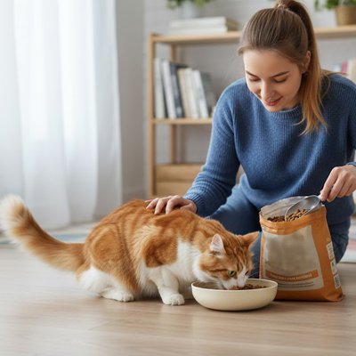 maitresse avec chat mangeant dans gamelles chat couleur beige dans salon