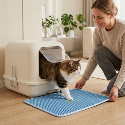 maitresse avec chat sortant tapis litière chat alveole bleu