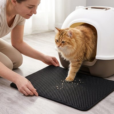 maitresse avec chat sortant tapis litière chat alveole noir