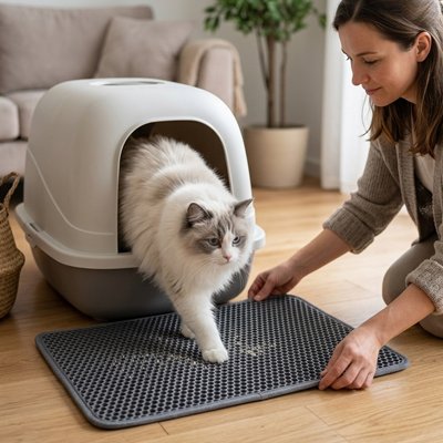 maitresse avec chat sortant tapis litière chat alveole gris