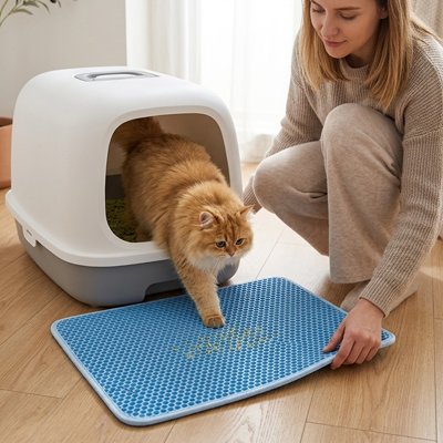 maitresse avec chat sortant tapis litière chat bleu alveole