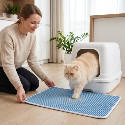 maitresse chat avec tapis chat litière bleu efficace