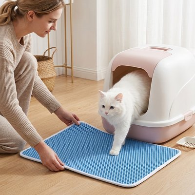 maitresse chat avec tapis chat litière efficace bleu