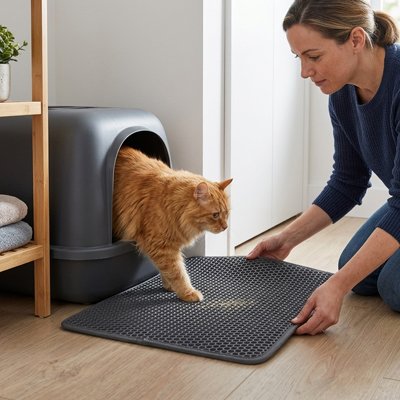 maitresse chat avec tapis chat litière efficace gris