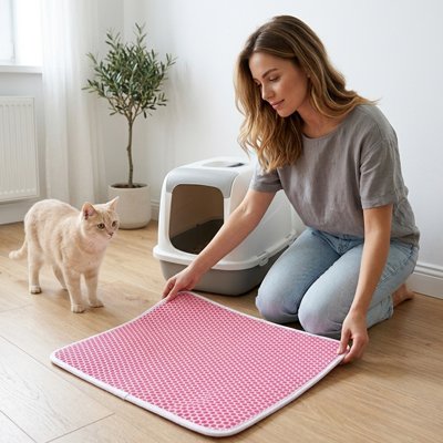 maitresse chat avec tapis chat litière efficace rose