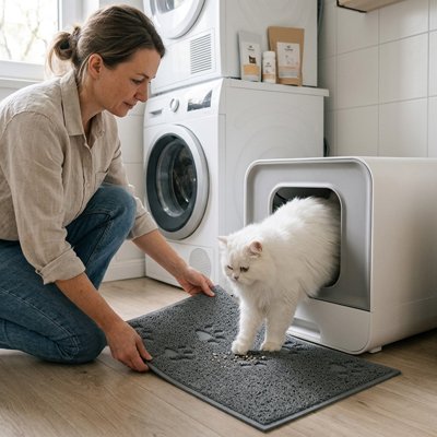 maitresse chat avec tapis litière pour chat colore gris