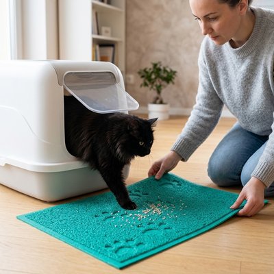 maitresse chat avec tapis litière pour chat colore turquoise