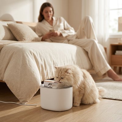 maitresse dans chambre avec chat buvant dans fontaine a eau chat elegante couleur blanche