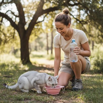 maitresse en randonnee avec chat buvant dans gamelle pour chat silicone rose