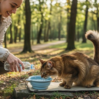 maitresse en randonnee avec chat buvant dans gamelle pour chat silicone bleu