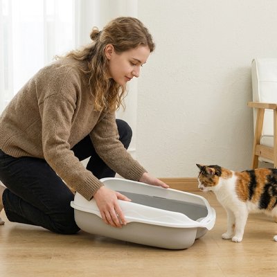 maitresse et chat avec bac à litière chat bicolore