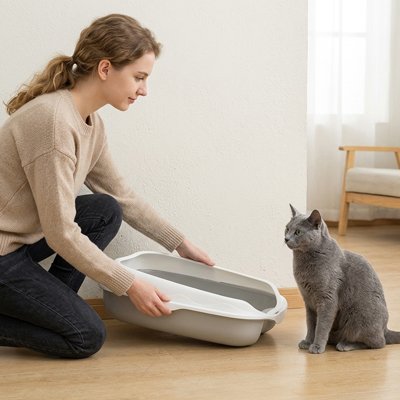 maitresse et chat avec bac à litière chat bicolore dans salon