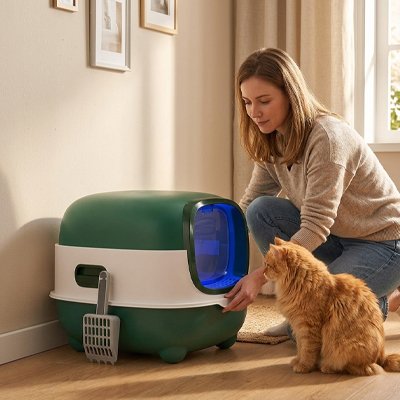 maitresse et chat avec bac à litière chat compact vert