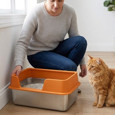 maitresse et chat avec bac à litière chat orange acier inoxydable