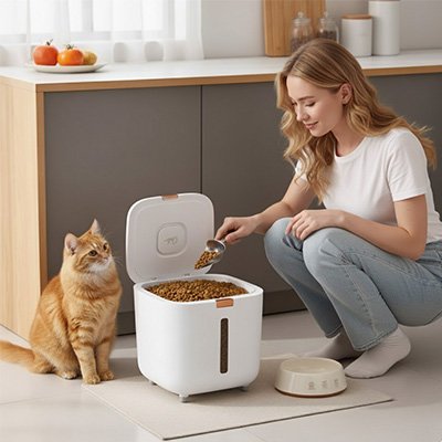 maitresse et chat avec boite à croquettes pour chat dans cuisine
