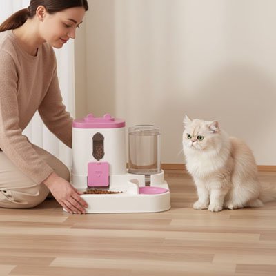 maitresse et chat avec distributeur de croquettes pour chat rose