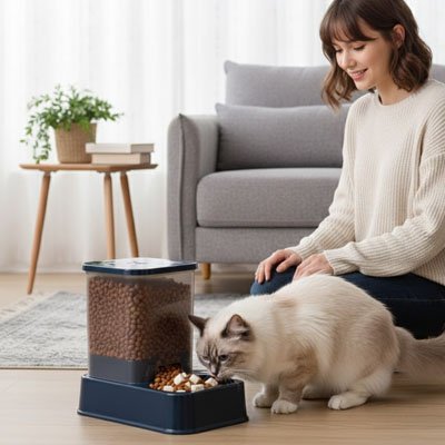 maitresse et chat avec distributeur de croquettes pour chat bleu
