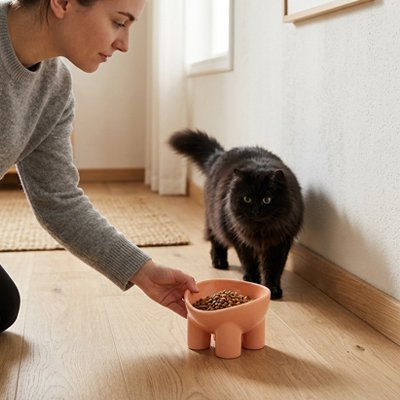 maitresse et chat avec gamelle chat anti chute couleur rose dans salon