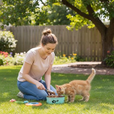 maitresse et chat avec gamelle chat motifs pattes couleur menthe dans jardin