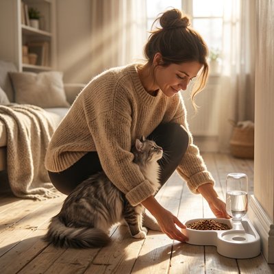 maitresse et chat dans salon avec gamelle chat double usage couleur blanche