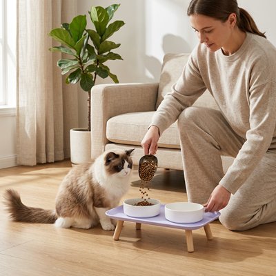 maitresse et chat dans salon avec gamelle chat surelevee plateau double bol mauve