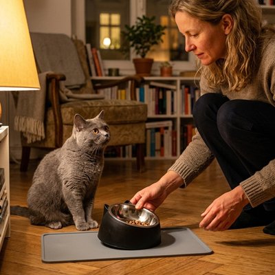 maitresse et chat gris dans salon avec gamelle pour chat design moderne noir