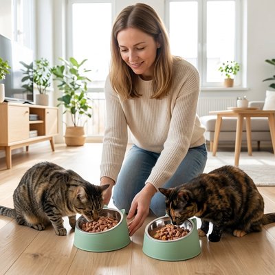 maitresse et deux chat mangeant dans gamelle pour chat design moderne vert sauge dans salon