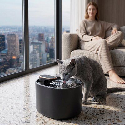 maitresse regardant chat buvant dans fontaine a eau chat elegante couleur noir dans salon