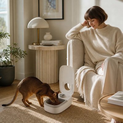 maitresse regardant chat mangeant dans distributeur automatique croquettes chat