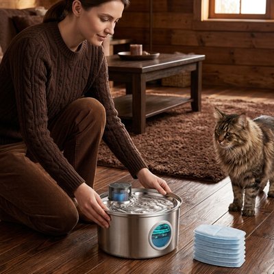 maitresse tient fontaine a eau pour chat dans salon