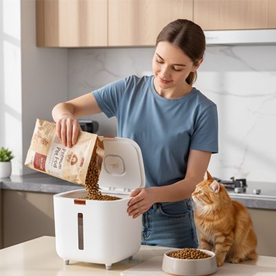 maitresse verse croquettes dans boite à croquettes pour chat cubique dans cuisine
