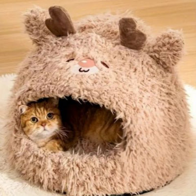 niche-a-chat-peluche-renne-brun