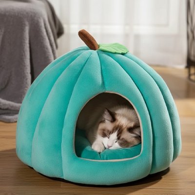 niche pour chat design citrouille turquoise chat dormant