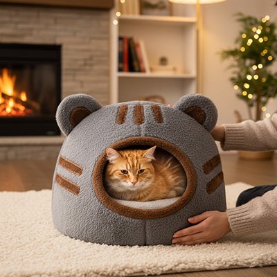 niche pour chat design tete ours gris chat allonge