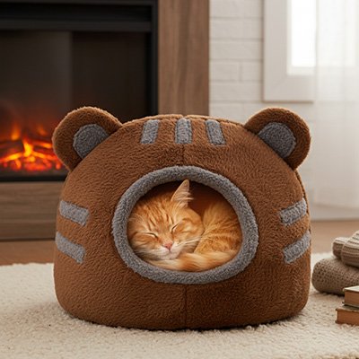 niche pour chat design tete ours marron chat dormant