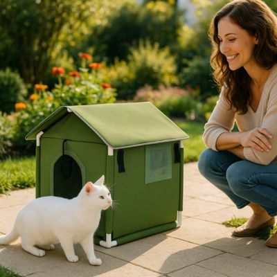 niche pour chat exterieur cozy refuge kaki chat blanc