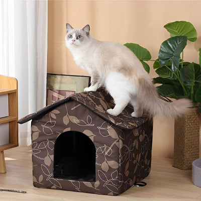 niche pour chat exterieur marron avec chat