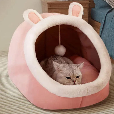 niche pour chat grotte rose avec chat