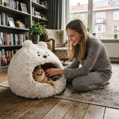 niche pour chat ludique blanche maitresse avec chat