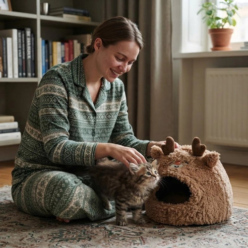 niche pour chat ludique marron maitresse avec chaton