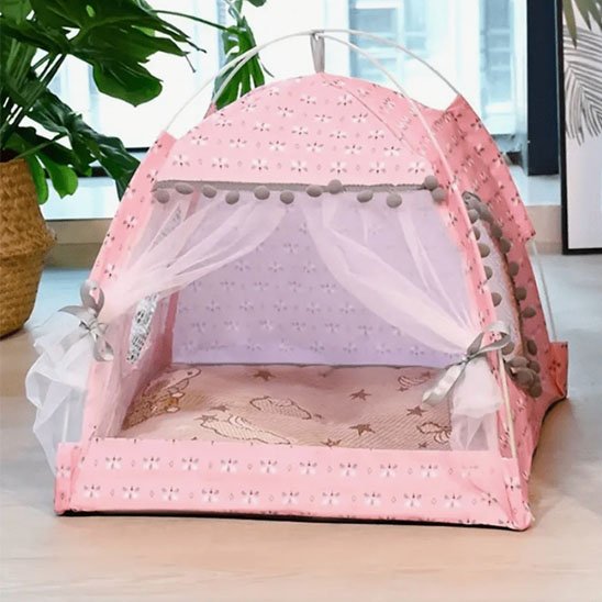 niche pour chat tente a fleurs rose