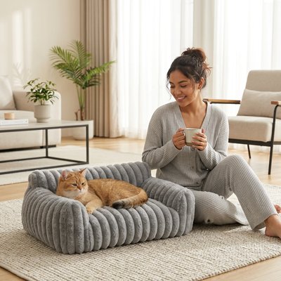 panier chat design canape gris chat allonge maitresse salon