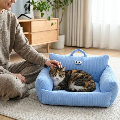 panier chat design ludique bleu maitresse salon