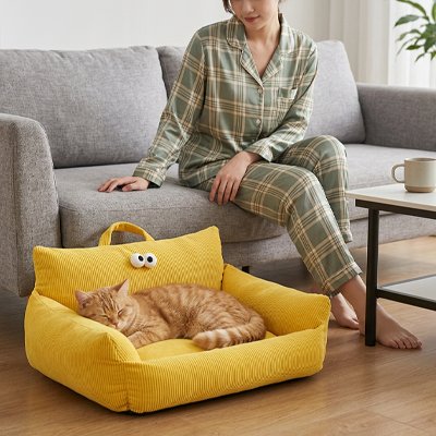 panier chat design ludique jaune chat dormant canape maitresse