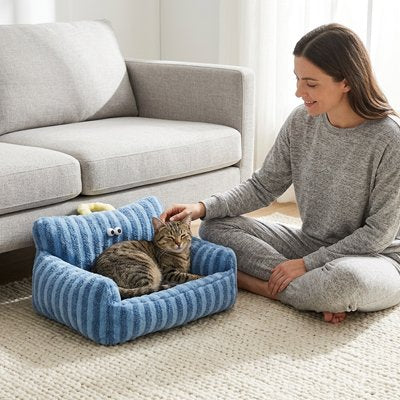 panier chat fauteuil raye bleu maitresse chat apaise salon