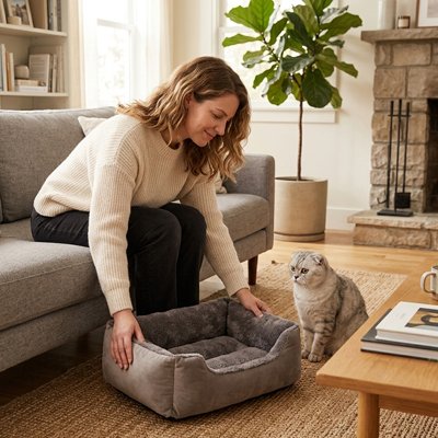 panier chat gris chat assis maitresse canape salon