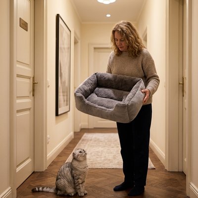 panier chat gris chat assis maitresse debout couloir